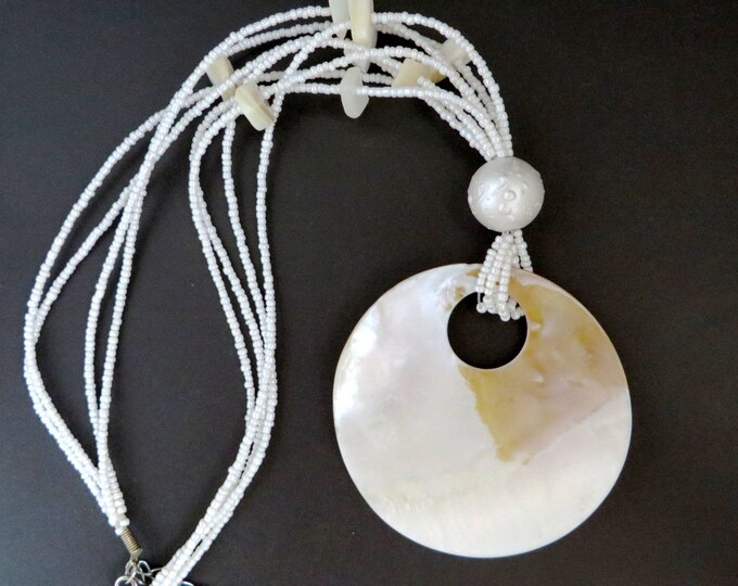 MOP Pendant Necklace, Vintage Beaded Mother of Pearl Multistrand Necklace