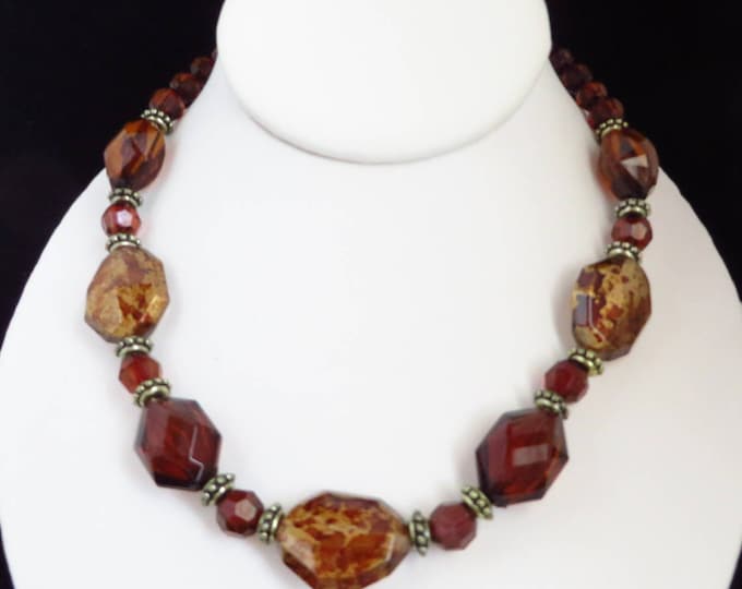 Cranberry Bronze Beaded Necklace, Vintage Boho Jewelry, Autumn Colors Necklace