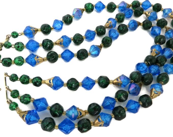 West Germany Necklace | Vintage Blue Beaded Necklace | Triple Strand Necklace | Blue, Green Beaded Choker