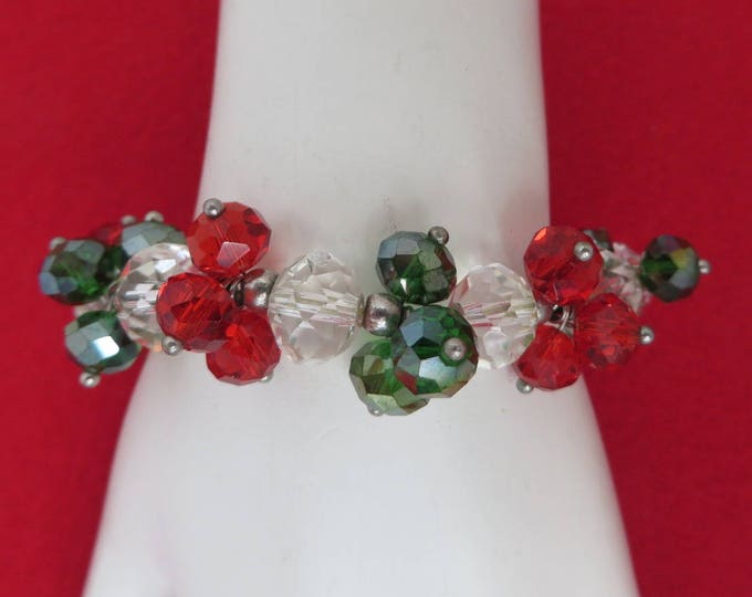 Christmas Beaded Stretch Bracelet, Red, Green, Clear Beaded Bangle