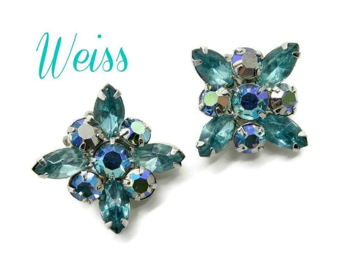 Weiss Sea Green AB Rhinestone Earrings, Vintage Rhinestone Silver Tone Clip-ons