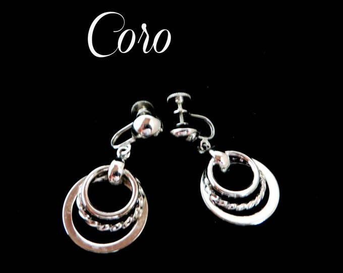 Coro Hoop Earrings, Vintage Dangling Silver Tone Triple Hoop Screwback Earrings Signed Coro Jewelry