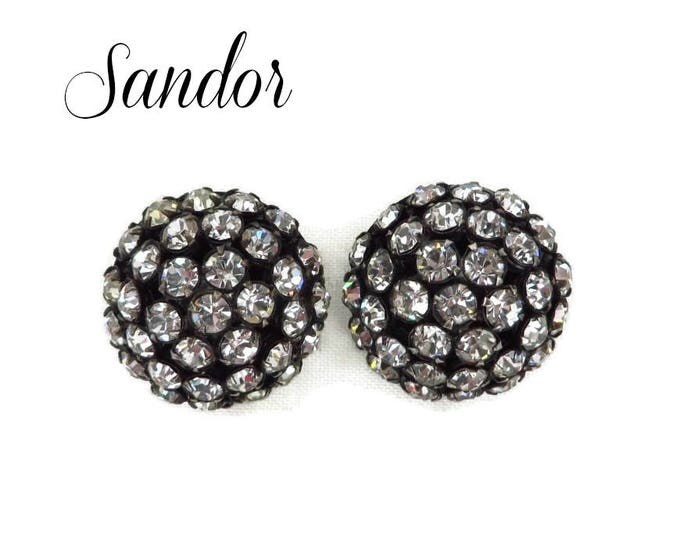 Sandor Rhinestone Button Earrings - Vintage Black Domed Rhinestone Button Clip-on Earrings