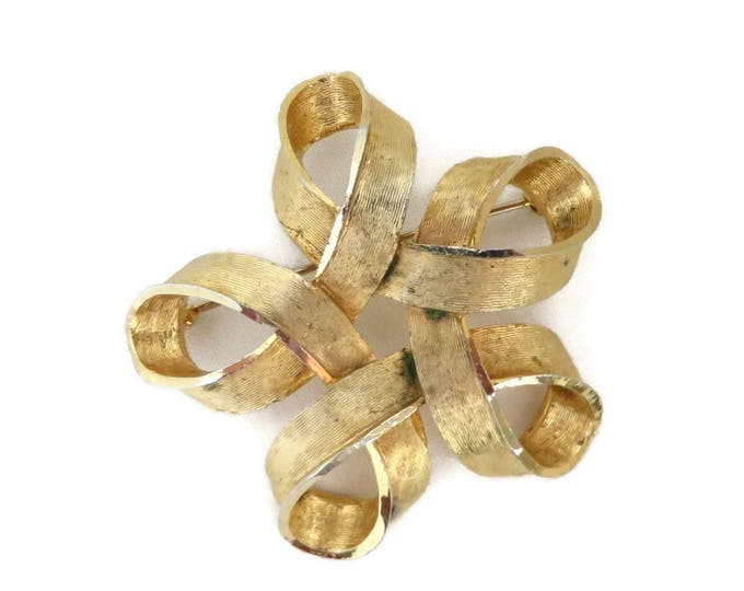 CAPRI Brooch, Vintage Gold Tone Designer Ribbon Pin, Matte Gold Looped Brooch