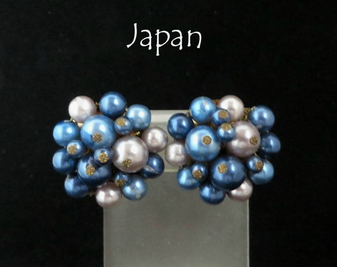 Vintage Japan Earrings, Blue and Gray Cluster Clip-on Earrings