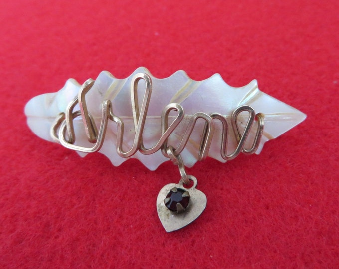 Mother of Pearl Name Brooch, Vintage Carved Shell Brooch, Gold Wire Script "Arlene", Dangling Heart Red Bead Brooch