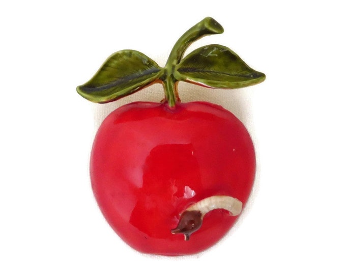 Red Apple Brooch, Vintage Apple Pin, Hattie Carnegie Vintage Jewelry, Red Fruit Brooch with Worm, Vintage Gold Tone Signed Designer Pin