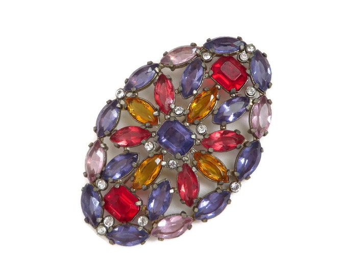 Pink & Purple Rhinestone Brooch, Large Oval Brooch, Vintage Mid-Century Costume Jewelry, Purple Pink Pin, Gift for Her Pink & Purple Rhinestone Brooch, Large Oval Brooch, Vintage Mid-Century Costume Jewelry, Purple Pink Pin, Gift for Her