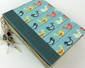 Small bird hand bound journal with beads - notepad - long stitch with beads on spine - Sketchbook - poetry book - tea stained pages -