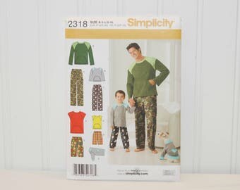 Simplicity 2318 Men & Boys Pajamas (c. 2010) Men and Boy Sizes Small, Medium and Large, PJ Shorts, Pants, Knit Top and Knit Top for Dogs