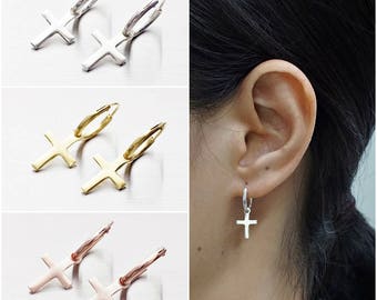 925 Sterling Silver Earrings, Cross Earrings, Gold Plated Earrings, Rose Gold Plated, Hoop Earrings (Code : EY41)