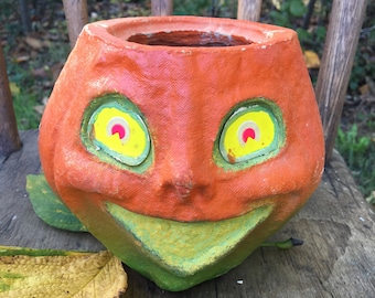 Vintage paper mache pulp jack-o-lantern candy container~ hand painted~smiling face vintage 1950s60s from MilkweedVintageHome