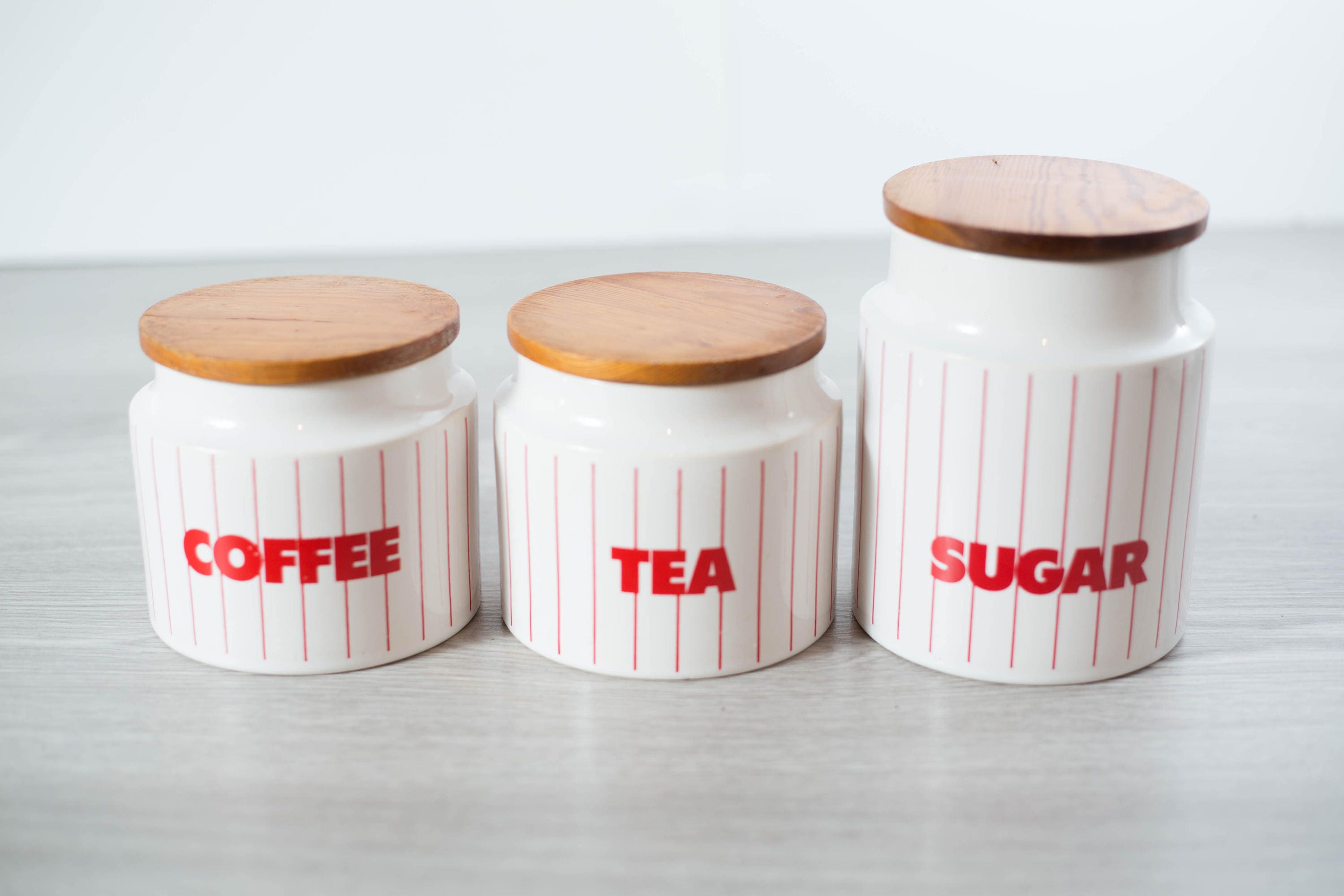Vintage Canister Set / coffee, tea, sugar canisters / Diner Style Red