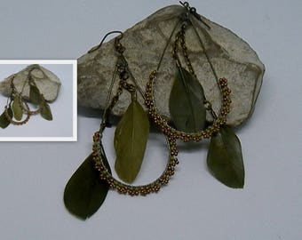 Woven khaki and bronze feather earrings