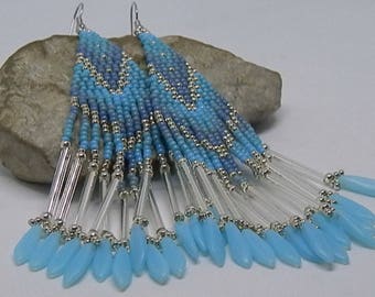Earrings woven Native American blue and silver