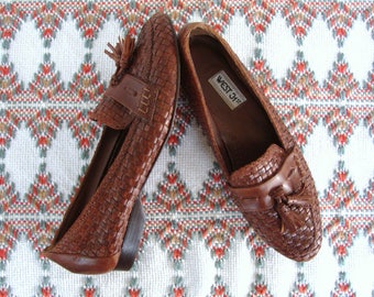 ON SALE Woven Brown Leather Loafers Size 9 Slip On Flats Leather Tassel