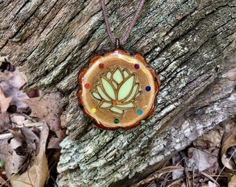 Okavark pendant / chakra glow lotus flower pendant / handmade ooak wooden glow in the dark jewelry / boho hippie nature festival fashion