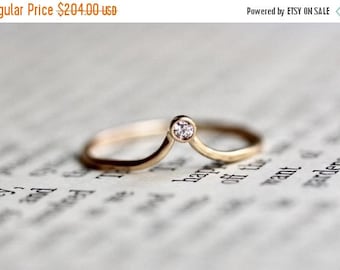 ON SALE 14K Chevron Diamond Ring, Bezel Diamond Ring, Stacking Ring, Wedding Band, Dainty Band, Solitaire Ring, Curved Ring