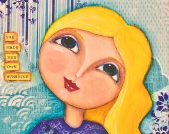 Dreamy girl, Original Art, blonde hair, mixed media portrait, butterfly painting, painting with quote, whimsical art, quirky art, wall art