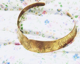 1970s Hand Engraved Floral & Vine Brass Choker from India