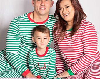 Adult Christmas Pajamas - Family Christmas Pajamas - Embroidered , Personalized , Adult , Custom Name - Red And White Stipe - Family Pajama