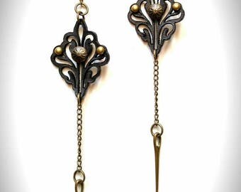 Victorian Punk Leather Earrings - lasercut leather and bronze - long earrings - dangle, chain and spike - boho tribal festie earrings