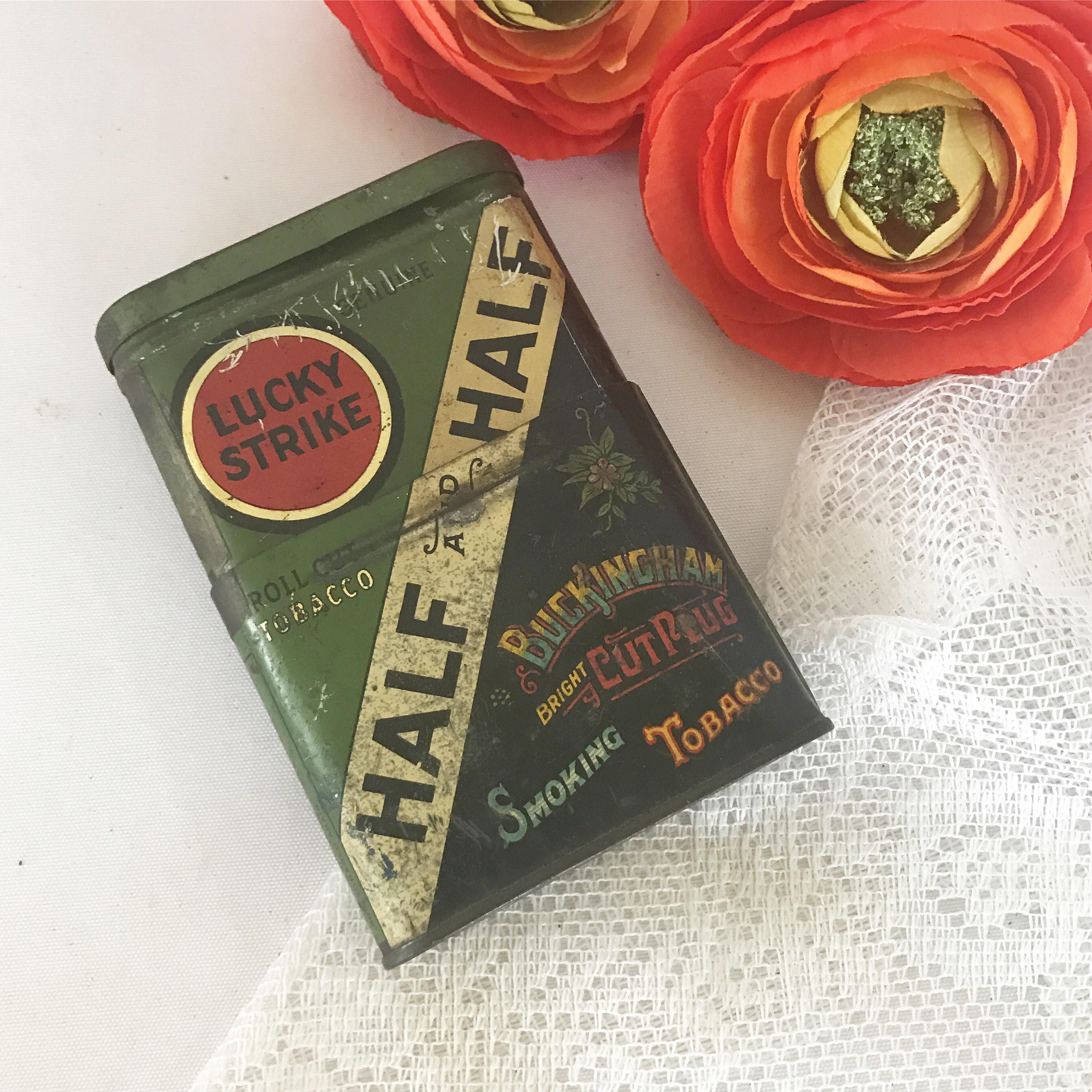 Antique Lucky Strike Half and Half Tobacco Tin box