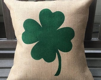SALE Four Leaf Clover/Shamrock Burlap Pillow Cover - St Patrick's Day - Irish Pillow