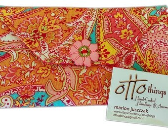 Orange Paisley and Floral Themed Fabric Tri Fold Wallet ONE-OF-A-KIND!