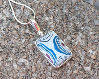 Fordite Pendant Necklace, Detroit Agate Pendant, Motor Agate, Sterling Silver Fordite Necklace, Black Blue Silver Red, Automotive Paint