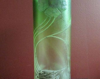 Mont Joye Style French Cameo Glass Vase GREEN TO CLEAR with Poppy Motif and Worn Silver Overlay