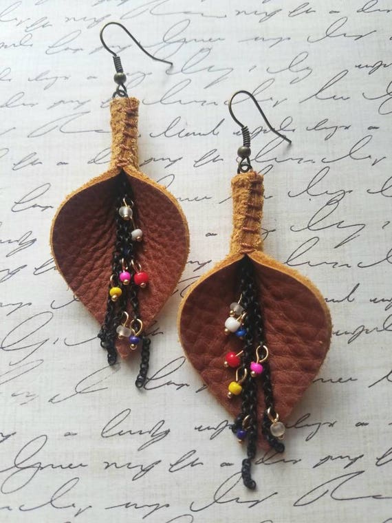 Leather Earrings Brown Leaf dangle Earrings Gifts for Her