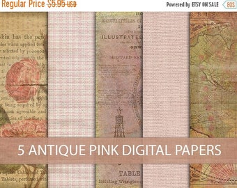 40% OFF SALE 5 Digital Papers - INSTANT Download - Antique Style Pink Tones Paper 12x12 Old Vintage Paper - Digital Paper Set - Print Paper