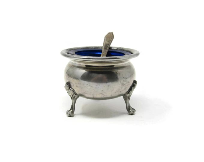 Antique Pewter Master Salt Cellar with Spoon - Witch Cauldron with Cobalt Blue Salt Cellar by Hanle ATC - Cobalt Blue Master Open Salt Dip