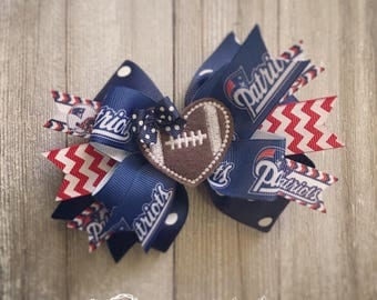 New England Patriots Hair Bow or Bow & Headband Set with Football Heart Feltie Center