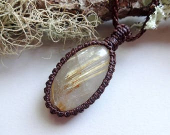 Macrame with Rutile Quartz -Golden Rutile Quartz pendant-macrame pendant necklaces - gem jewelry- Chakra necklaces - All chakras amulet