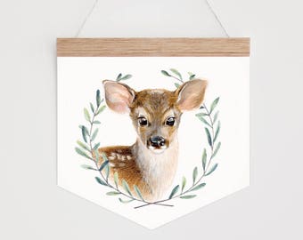 Wall Banner - Baby Deer in leaf wreath. Wall hanging.
