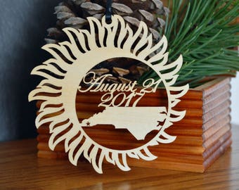 North Carolina Solar Eclipse ornament wood cut decoration. Laser cut Total Solar Eclipse ornament Path of Totality through North Carolina