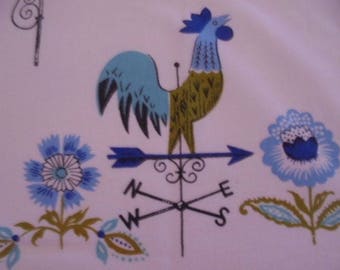 Vintage Rooster Weathervane Tablecloth. Beautiful Blues set on a Crisp White Backdrop.