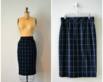 Vintage Escada By Margaretha Ley Wool Skirt | Straight Pencil Skirt | Midi Skirt | Dark Navy and White Skirt| Minimalistic Plaid | Size 10