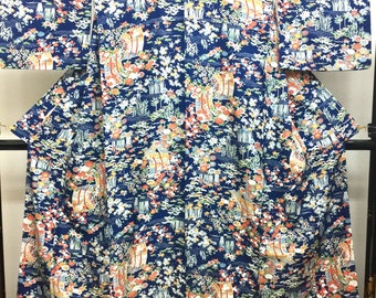KIMONO Komon " Spring and Autumn " Chirimen Japanese traditional dancing blue silk kimono