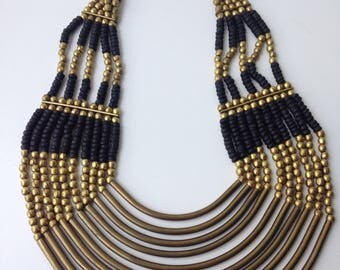 Vintage African copper collar necklace with wooden beads