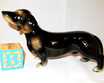 Vintage KERAMOS DACHSHUND DOG Figurine Vienna Austria Glossy Black & Tan Hand Painted Ceramic Dog Weiner Gift