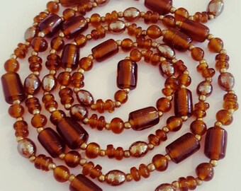 Amber Brown Foil Glass Bead Necklace Long Amber Glass Necklace Venetian Murano Glass Bead Necklace Flapper Necklace Vintage 1960s Jewelry uk