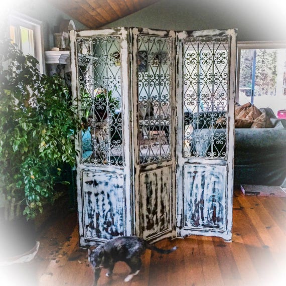 Large Antique Partition solid walnut & wrought iron