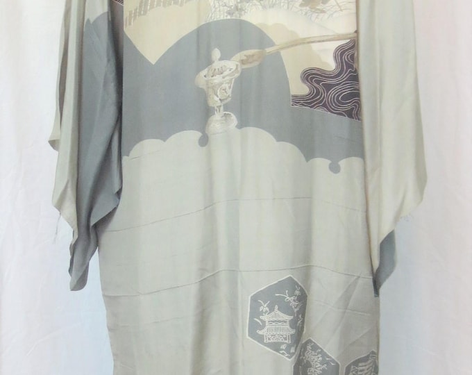 30s the STELLA mint green grey ivory printed washed silk robe vintage authentic hand made japanese kimono