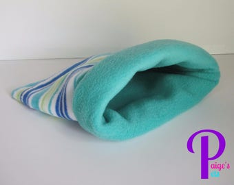 Reversible Fleece Snuggle Sack, Cuddle Sack, Cozy Sack for Guinea Pigs, Ferrets, Hedgehogs, etc. | Blue and Green Stripes with Turquoise