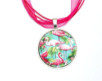 Pendant on necklace pink flamingos