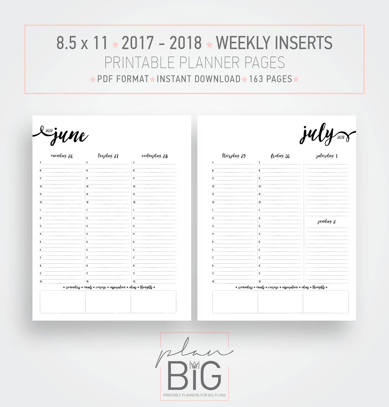 Printable 2017 2018 Inserts 8 5 X 11 Planner Weekly