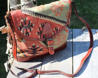 Exquisite Vintage Troy Turkish Kilim Wool & Leather Purse Handbag Shoulder Crossbody Bag Turkish Kilim Bag --Made in Turkey